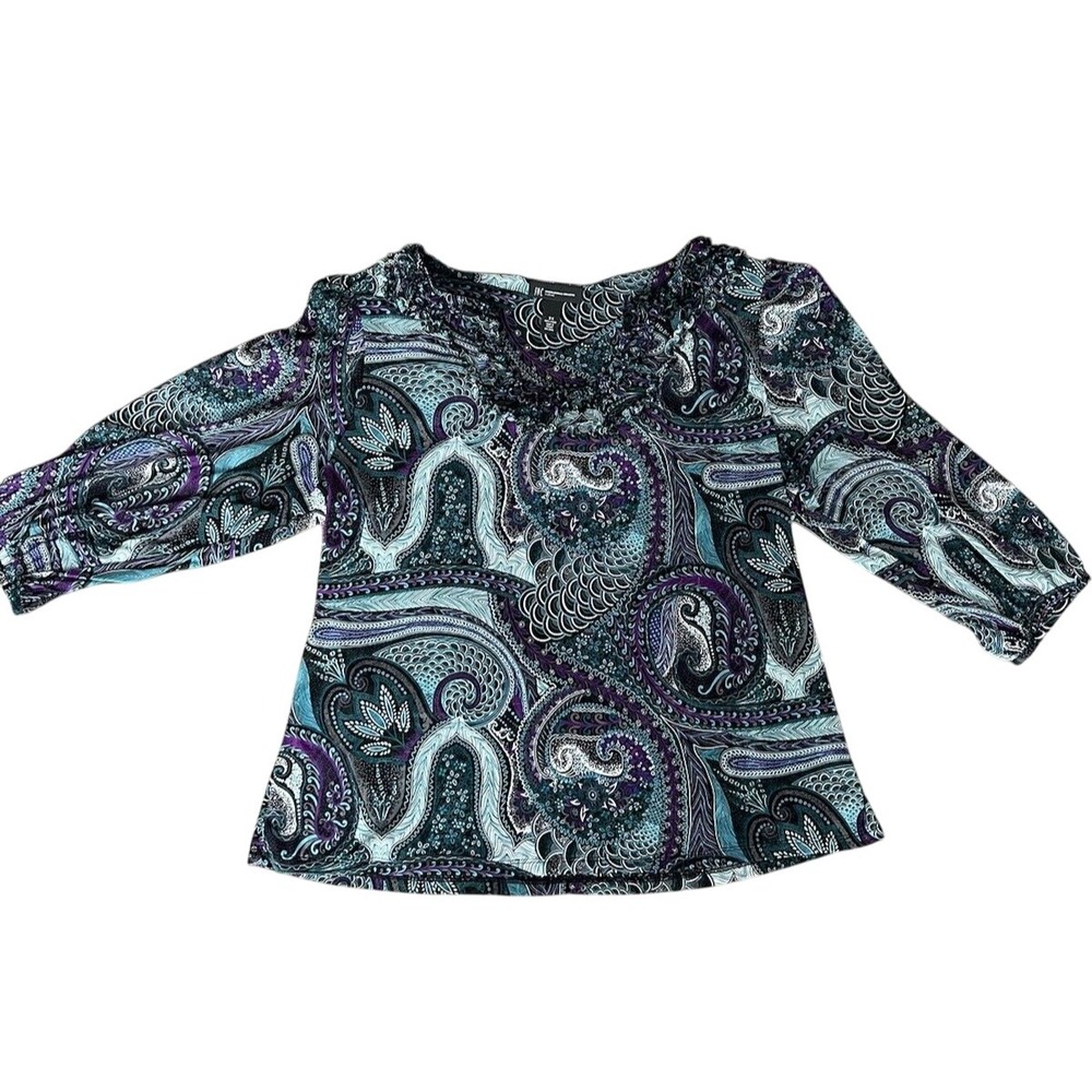 INC International‎ Concepts Paisley Print Ruffled Neck 3X Blouse Top 3/4 Sleeve